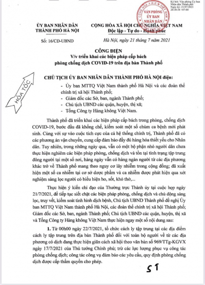 Chỉ thị 16 v/v triển khai các biện pháp cấp bách phòng chống covid-19 trên địa bàn thành phố Hà Nội