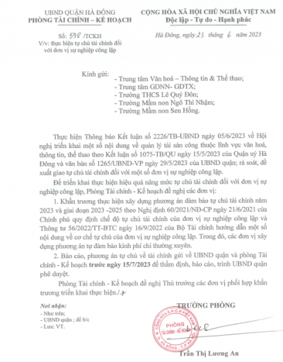 NHÀ TRƯỜNG XIN ĐƯỢC THÔNG BÁO TỚI QUÍ PH KẾ HOẠCH TỰ CHỦ TÀI CHÍNH CỦA PHÒNG TC - KH QUẬN HÀ ĐÔNG ĐỐI VỚI MỘT SỐ ĐƠN VỊ SỰ NGHIỆP CÔNG LẬP.