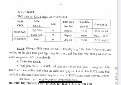 LỊCH THI KHÁO SÁT GIỮA HỌC KÌ 2 KHỐI 9 NĂM HỌC 2023-2024